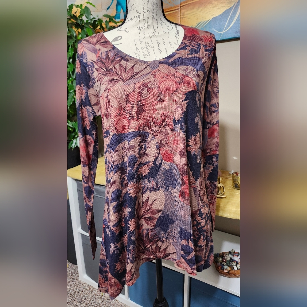 Soft Surroundings Small Millie Slub Sweater Knit Top Vintage Print Floral Birds